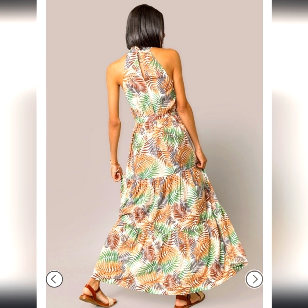 High Neck Resort Palm Leaf Maxi Dress Size XS NWT - Picture 3 of 3